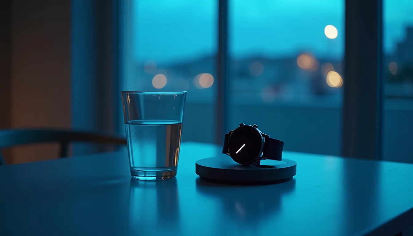 montre connectée sur son socle de charge près d'un verre d'eau, lumière bleutée a Nice