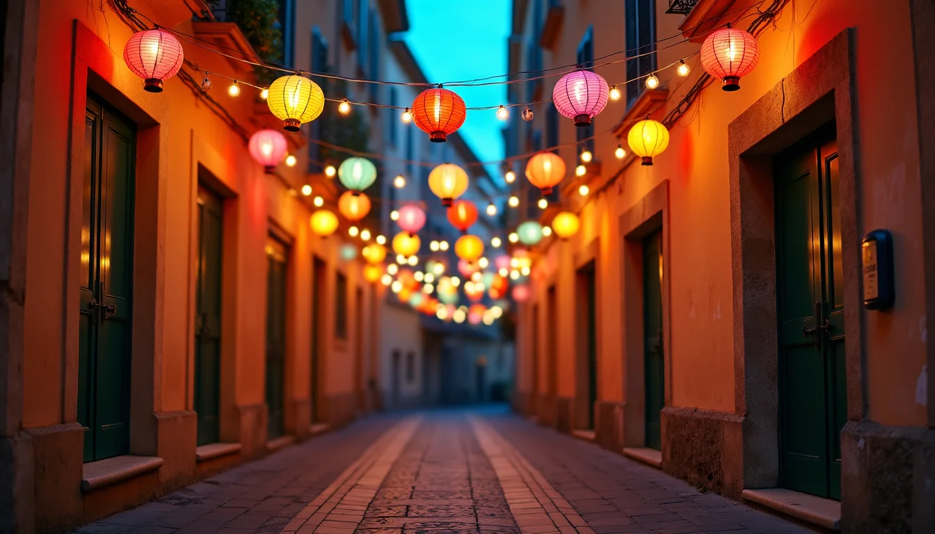 lanternes de papier arc-en-ciel suspendues dans une ruelle au crepuscule a Nice