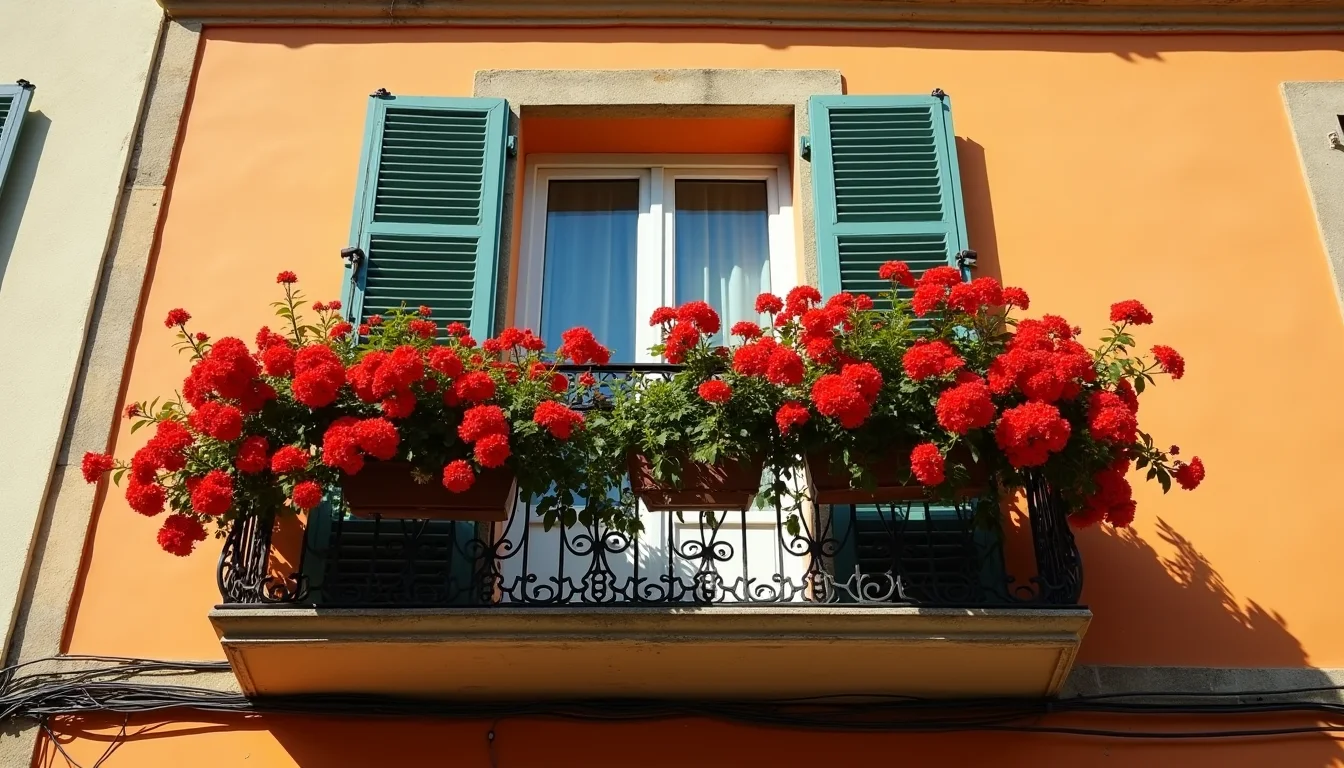 balcon en fer forge debordant de geraniums rouges, fin d apres-midi a Nice