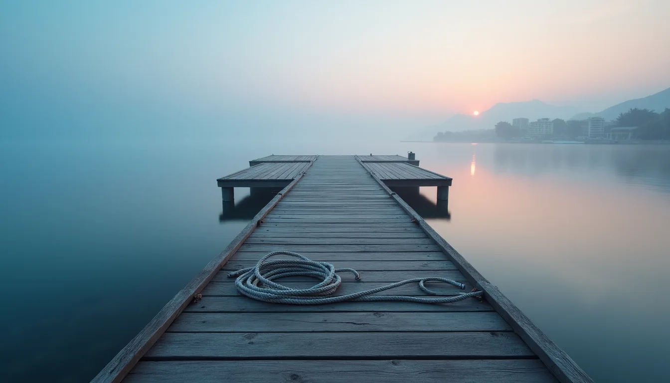 ponton en bois au-dessus d une eau calme, corde d amarrage à l aube a Nice