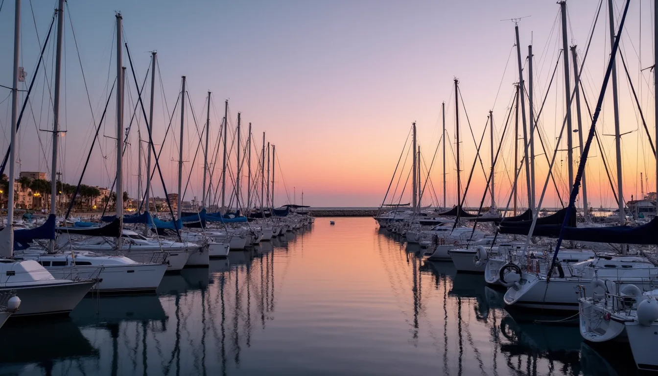 quai de port au crépuscule, voiliers amarrés et reflets sur l'eau calme a Nice