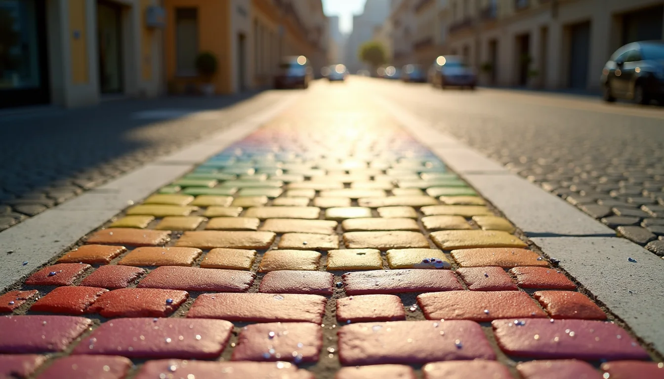 passage piéton arc-en-ciel sur pavés, paillettes scintillant au soleil a Nice